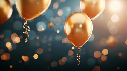 An enchanting scene featuring shimmering golden balloons gracefully floating amidst a dreamy backdrop of soft bokeh lights, creating a celebratory and joyful atmosphere.