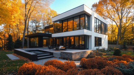 Poster - A contemporary two-story house features large windows that overlook a landscaped yard filled with colorful fall leaves.