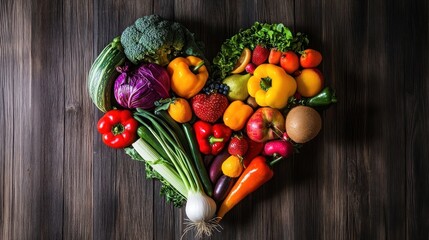 Heart shaped arrangement of fresh fruits and vegetables on a wooden background.