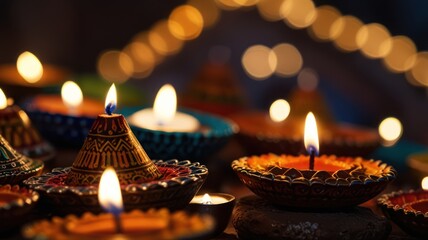 Wall Mural - A row of lit diya lamps, traditional Indian oil lamps, are arranged on a table, glowing brightly against a dark background with a string of fairy lights blurred in the background.