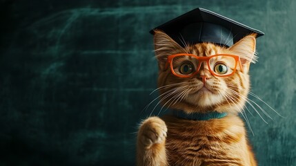 Scholarly Feline Intelligent Orange Cat in Graduation Cap and Glasses Near Chalkboard