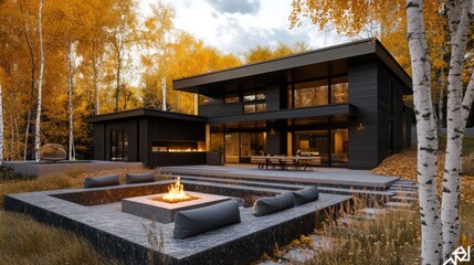 Aufkleber - A contemporary black house stands in a serene landscape filled with vibrant autumn foliage. The outdoor space features a stylish fire pit and comfortable seating, inviting relaxation.