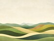 2408 9.A minimalistic rural landscape with abstract fields of rice, wheat, and corn, set against rolling green hills. The fields are illustrated with soft textures and simple geometric shapes,