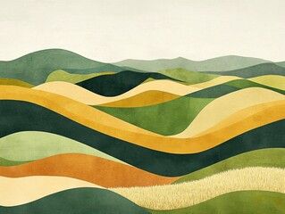 Wall Mural - 2408 9.a minimalistic rural landscape with abstract fields of rice, wheat, and corn, set against rol