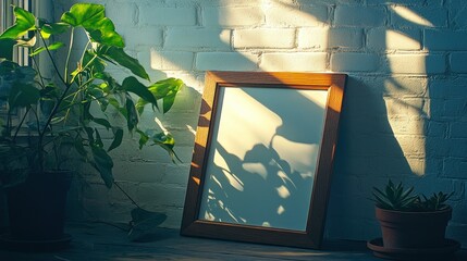 Poster - Empty Picture Frame with Plant and Sunlight Shadows on Brick Wall
