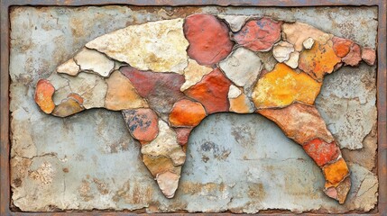 An abstract mosaic sculpture made of colorful stones on a metal background.