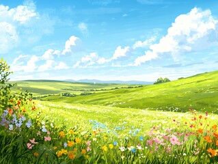 Wall Mural - 2408 42.a serene summer scene with bright green grass stretching across a flat landscape, under a cl