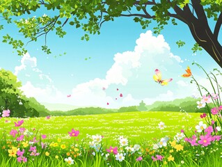 Wall Mural - 2408 42.a serene summer scene with bright green grass stretching across a flat landscape, under a cl