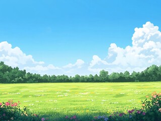 Wall Mural - 2408 42.a serene summer scene with bright green grass stretching across a flat landscape, under a cl