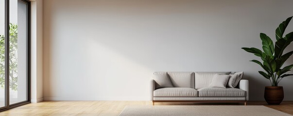 Modern living room interior with cozy couch and decorative plant against a neutral wall.