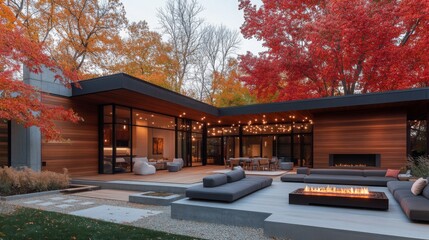 Aufkleber - A stylish modern residence featuring a cozy outdoor fire pit, surrounded by colorful autumn trees. The inviting space is perfect for entertaining guests or enjoying quiet evenings in nature.