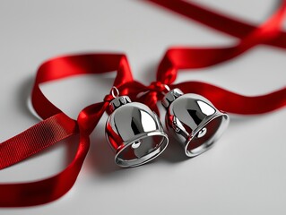 Wall Mural - Silver bells with red ribbons on a white isolated background.