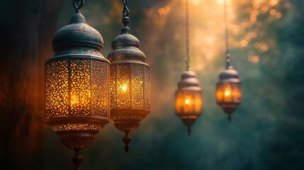 Fototapete - Luxurious Arabian background showcasing ornate white gold lanterns glowing softly against a deep green backdrop The right side is perfect for Ramadan messages or custom text