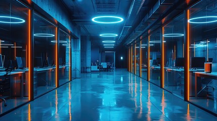 Poster - Dark futuristic office with blue neon lights and some orange flashes.