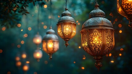 Fototapete - Luxurious Arabian background showcasing ornate white gold lanterns glowing softly against a deep green backdrop The right side is perfect for Ramadan messages or custom text