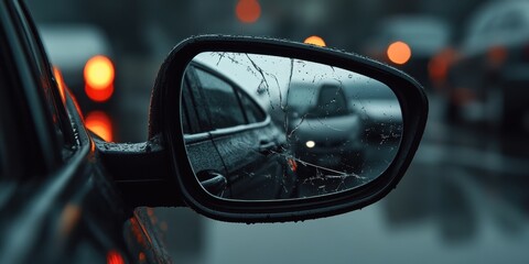 Rainy evening traffic reflected in cracked car side mirror