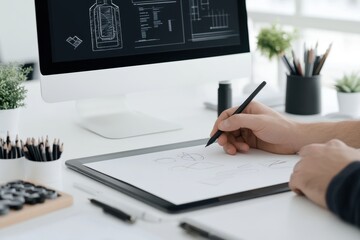 Poster - Designer sketching on digital tablet in modern workspace with computer monitor