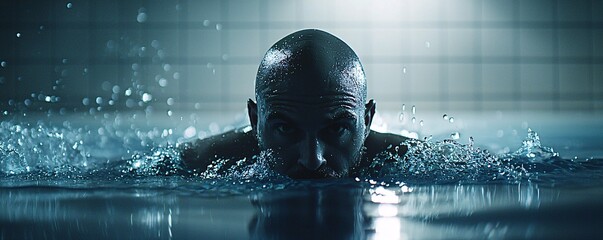 Poster - An Olympic swimmer training early in the morning, water splashing in slow motion, determination driving every stroke