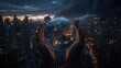 © CLOVER BACKGROUND - Earth in Hands Against City Skyline at Night