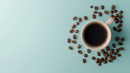 Cup of black coffee surrounded by scattered coffee beans on a light blue background. Flat lay composition with copy space.