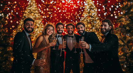 Wall Mural - Happy men and women in festive clothes with glasses in their hands and decorated Christmas trees on a red background, created with Generative AI technology