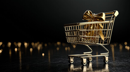 Wall Mural - Golden shopping cart with golden bow on black background with space for text, created with Generative AI technology