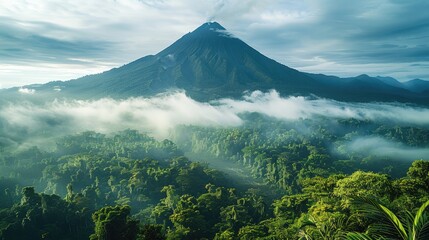 Poster - The volcano from an elevated perspective, surrounded by dense jungle and misty clouds. The mountain is majestic with its sharp peak partially.