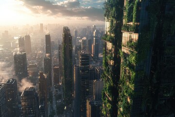 A futuristic city with vertical gardens on the sides of skyscrapers