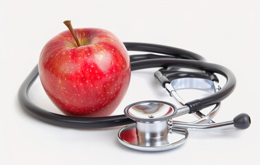 A red apple sits on a table next to a stethoscope