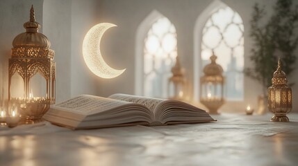 Poster - Minimalist Eid Mubarak design a 3D Quran crescent moon and traditional lanterns offering room for text on a sleek modern white background