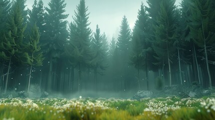 Poster - A large coniferous forest, Beautiful view of large green trees.
