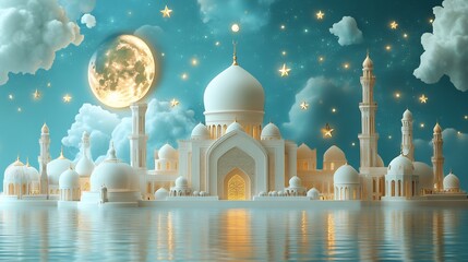 Fototapete - Minimalistic Eid Mubarak design 3D mosque moon and stars offering ample space for personalized text on a modern clean background