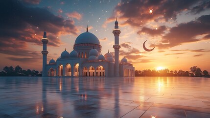 Fototapete - Minimalistic Eid Mubarak design 3D mosque moon and stars offering ample space for personalized text on a modern clean background