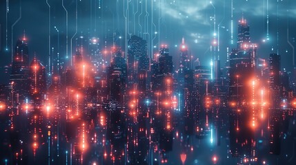 Poster - Futuristic cityscape with glowing holographic data connections and digital technology elements on a dark background. Night view of a modern metropolis.