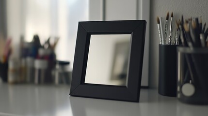 Poster - Black Picture Frame with Empty Mirror on a Tabletop