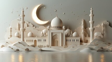 Poster - Modern Ramadan Kareem card a 3D composition of moon stars and mosque offering ample space for text on a clean elegant background for a sophisticated design