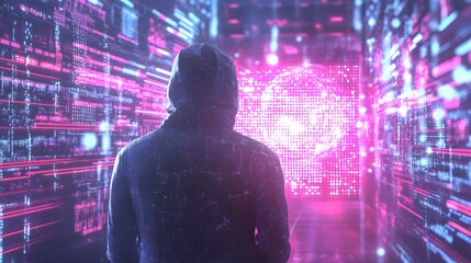 Virtual reality, cyberspace and metaverse concept with back view on human in hoody looking at virtual wall with abstract digital interface on neon lights background