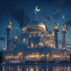 Poster - Ornate 3D mosque featuring golden dome crescent moon twinkling stars above all against a rich blue night sky creating an Eidthemed visual with warm lighting