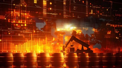 Oil pumping machinery in operation with barrels and digital screen with world map and financial chart graphs and indicators, natural resources stock market concept