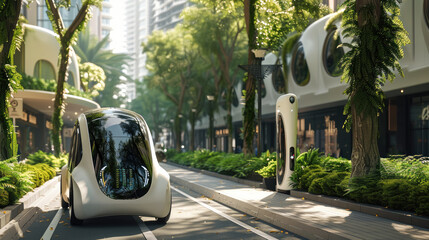 Poster - A futuristic, eco-friendly world powered by sustainable technology. a modern cityscape where electric vehicles glide through green, tree-lined streets powered by clean energy.