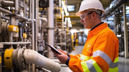 Wall Mural - A safety-conscious worker in an orange jacket inspects equipment on a tablet in an industrial facility.