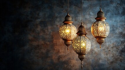 Poster - Ornate Arabian lanterns white and gold hanging against a rich dark background creating a luxurious atmosphere The right side remains empty for personalized text perfect for Ramadan greetings