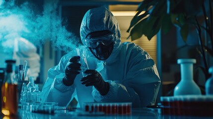 Poster - A Scientist in a Hazmat Suit Examining a Test Tube in a Laboratory