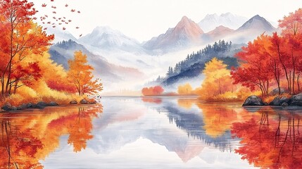 Japanese Autumn scenery, ancient style, sense of destiny, bright colors, hand-painted art