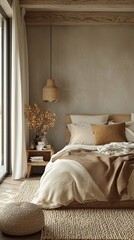 Cozy modern bedroom with warm wooden furniture, soft bedding, and simple decor, [Furniture], [Cozy modern]