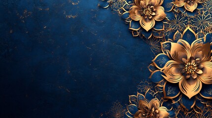 Fototapete - Ramadanthemed background intricate arabesque flowers in gold and deep blue tones The left side of the image offers space for text while the vibrant patterns bring an elegant feel to the design