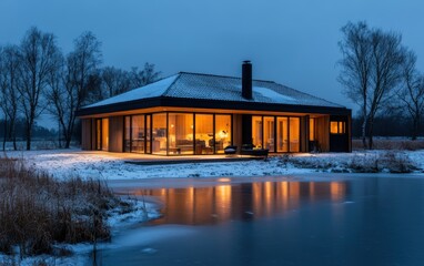 Scandinavian house at night during a snowy winter, softly lit from inside with warm, golden light contrasting against the dark, icy landscape. 