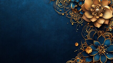 Poster - Ramadanthemed background intricate arabesque flowers in gold and deep blue tones The left side of the image offers space for text while the vibrant patterns bring an elegant feel to the design