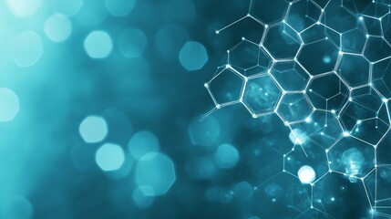 Poster - Abstract depiction of interconnected hexagonal shapes against a teal background, emphasizing scientific themes and modern technology
