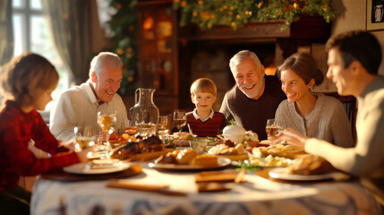 Family members of all ages come together in a warm, inviting space, sharing laughter and delicious traditional dishes during a heartfelt gathering